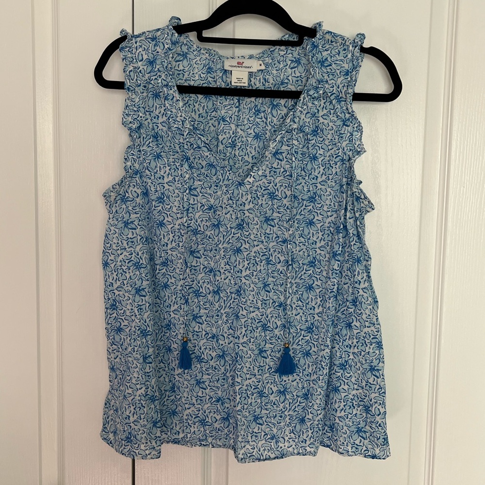 Vineyard Vines women’s tank top blue nautical with fringe tassels medium